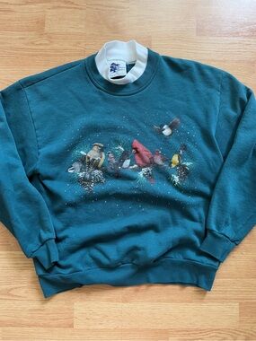 Vintage 90s Pleasant Shade Winter Birds Double Collar Sweatshirt Large Green